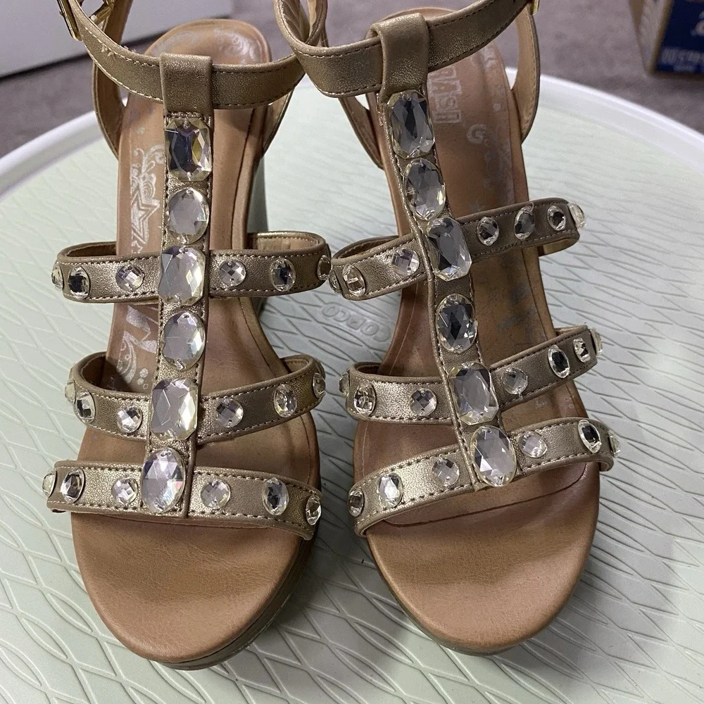 BRASH STRAPPY WEDGE HEELS SHOES SIZE 7‎ GOLD STRAPS WITH RHINESTONES 4